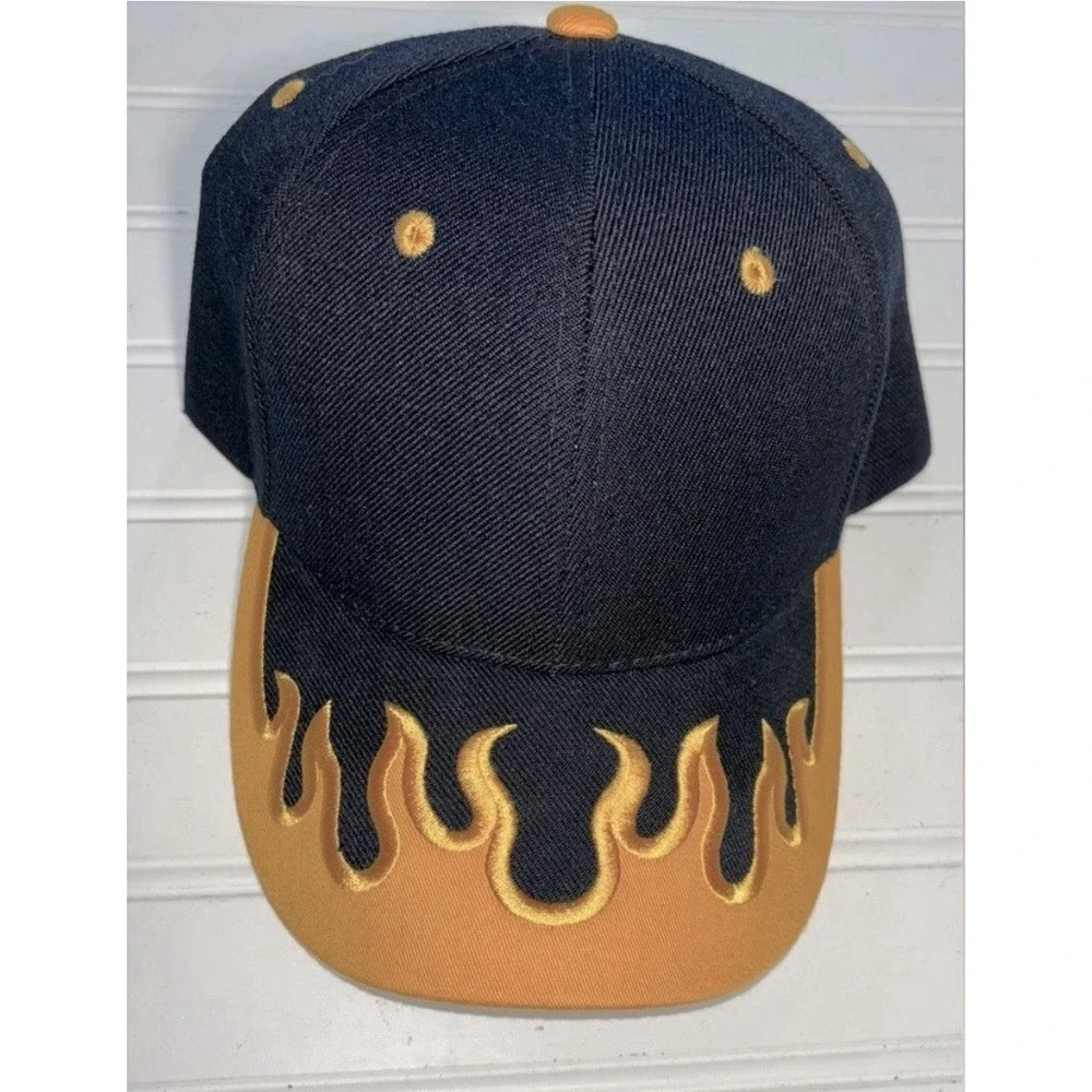 Flame Embroidered Hat Cap Navy Blue Yellow Gold OS Unisex Adjustable Strap New - Picture 1 of 4